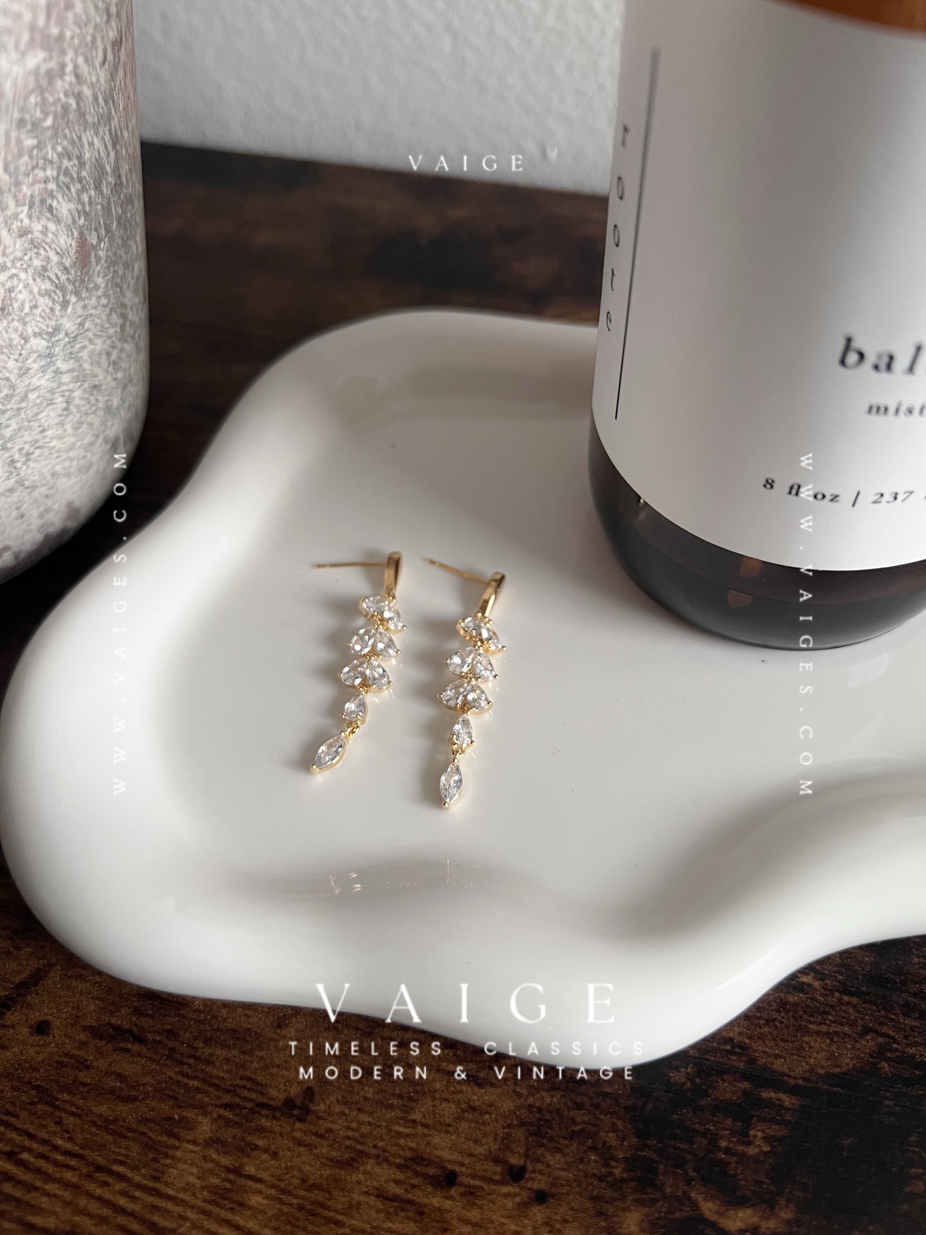 VAIGE Zircon Tassel Leaf Shape Gold Earrings